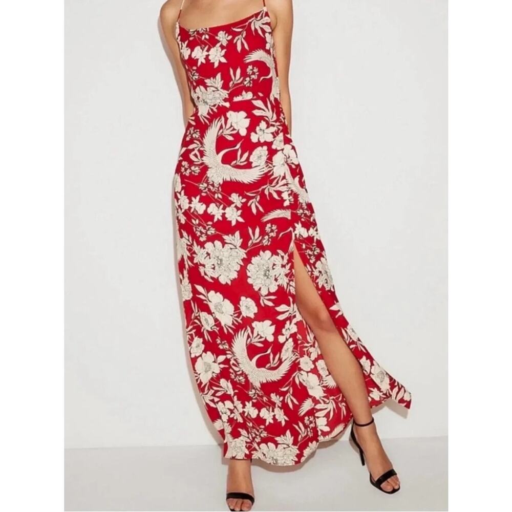 NWT Express Halter Maxi Dress XS Red White Crane Floral Side Slit Tie Back - Picture 2 of 12